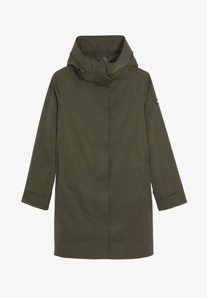 Imperméable vert olive, longueur genou, avec un col haut, de grands boutons et des poches latérales. Tissu lisse, résistant à l'eau, au design simple.
