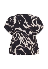 Blouse noire et blanche à motifs abstraits, à manches courtes, avec une coupe légèrement ample et un col rond, vue de dos.