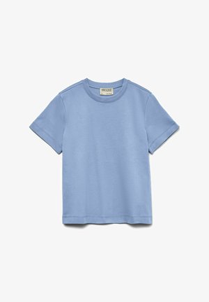 Light blue short-sleeve cotton T-shirt with crew neck and visible "AWARE" brand label on the inside collar, laid flat on a white background.
