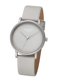 Montre en argent avec un cadran rond et un cadran gris simple. Présente des index horaires et des aiguilles fins. Bracelet en cuir gris doux pour le confort.