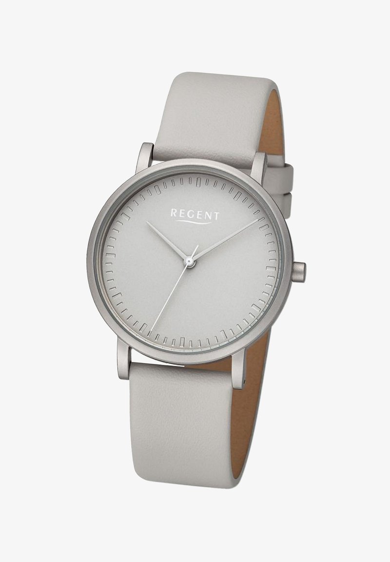 Montre en argent avec un cadran rond et un cadran gris simple. Présente des index horaires et des aiguilles fins. Bracelet en cuir gris doux pour le confort.