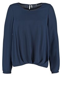 Dlouhý rukáv námořnické modré blůzy s kulatým výstřihem, klíčovou dírkou na zádech a nařasením v pase, vyrobené z hladké, lehké tkaniny.