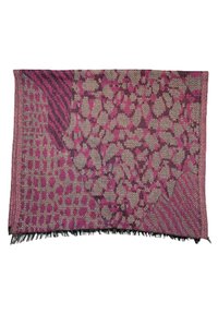 Tissu tissé dans des nuances de rose et de gris avec des motifs géométriques et d'animaux ; les bordsfrangés ajoutent texture et détail.