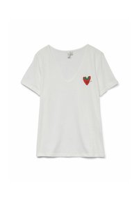 T-shirt en coton blanc à manches courtes, col en V, avec un design de fraise verte et rouge sur la poitrine gauche.