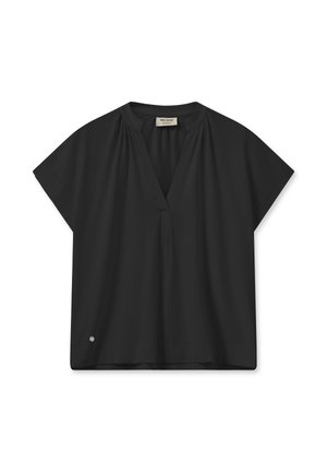 Black short-sleeve blouse with a V-neckline, featuring gathered details at shoulders and a subtle logo accent at the hem. Smooth texture.