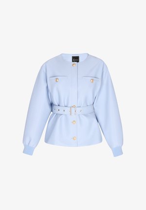 Light blue jacket made of smooth fabric, featuring a belted waist, gold buttons, two chest pockets, and ribbed cuffs.