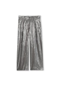 Pantaloni a gamba larga in paillettes argento con pieghe in vita, caratterizzati da una texture liscia e una superficie lucida e riflettente.