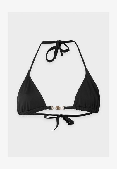 Haut de bikini noir en forme de triangle avec liens au cou et une boucle décorative dorée au centre devant sur fond uni.