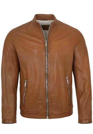 Brown leather jacket with front zipper, two zippered side pockets, and a short stand collar.