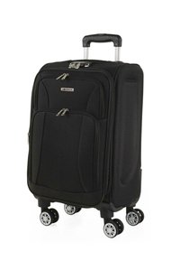 Maleta negra con ruedas hecha de tela duradera. Cuenta con doble cremallera, ruedas que ruedan suavemente y un asa retráctil.