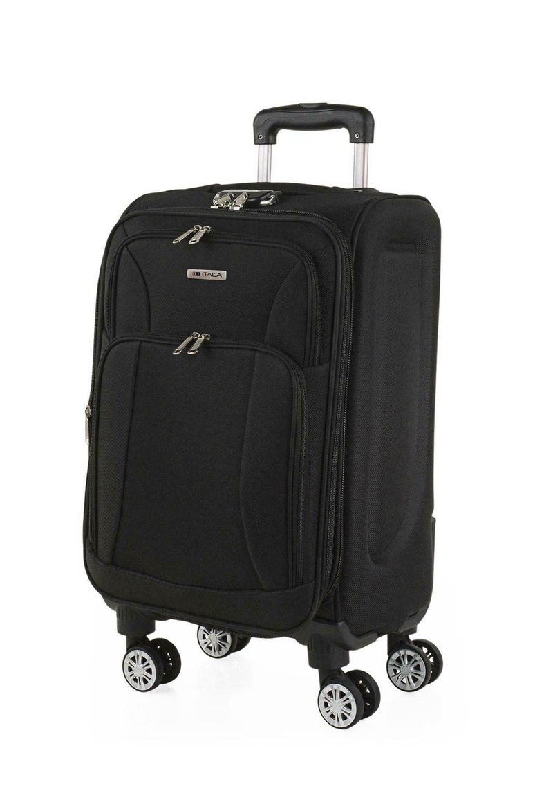 Maleta negra con ruedas hecha de tela duradera. Cuenta con doble cremallera, ruedas que ruedan suavemente y un asa retráctil.