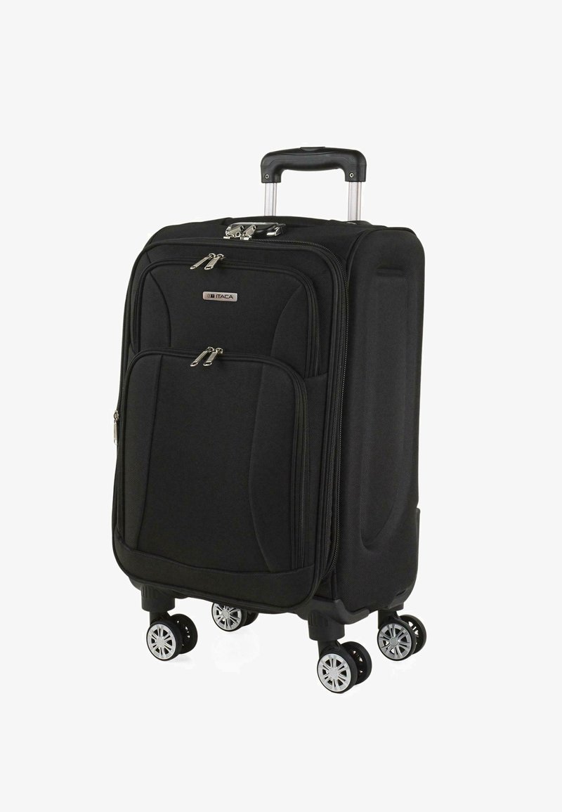 Maleta negra con ruedas hecha de tela duradera. Cuenta con doble cremallera, ruedas que ruedan suavemente y un asa retráctil.