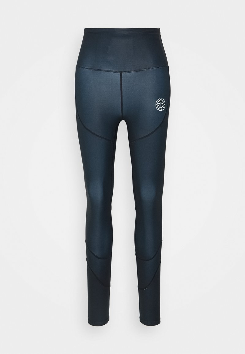Leggings neri a vita alta realizzati in tessuto elasticizzato. Presentano cuciture curve e un piccolo logo sul retro. Texture liscia in tutto il prodotto.