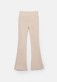 Pantalon évasé en maille beige avec une taille haute élastique, présenté à plat sur un fond blanc.
