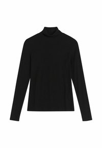 Czarna, długorękawowa koszulka typu turtleneck z gładkiego dzianiny, z dopasowanym krojem i wysokim kołnierzem, bez widocznych wzorów czy akcentów.