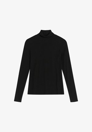 Czarna, długorękawowa koszulka typu turtleneck z gładkiego dzianiny, z dopasowanym krojem i wysokim kołnierzem, bez widocznych wzorów czy akcentów.
