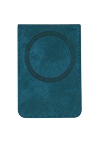 Portafoglio in pelle verde acqua con superficie testurizzata, caratterizzato da un elemento decorativo circolare impresso in una tonalità più scura. Forma rettangolare con bordi cuciti.