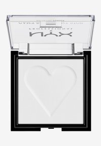 Poudre blanche en forme de cœur dans un compact clair avec une base noire. Surface texturée avec une finition lisse. Couvercle transparent avec un fermoir.