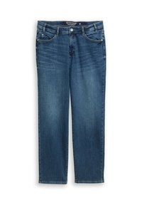 Niebieskie dżinsy z prostym krojem, pięcioma kieszeniami, zapięciem na guziki i delikatnymi elementami przetarcia na nogawkach, wykonane z materiału bawełnianego.