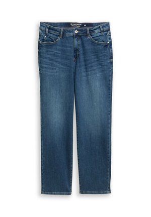 Blauwe denim jeans met een rechte pasvorm, vijf-pocket ontwerp, knoopsluiting en subtiele vervaging aan de benen, gemaakt van katoen.