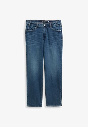 Blå denimjeans med rak passform, femfickorsdesign, knapplåsning och subtila blekningar på benen, tillverkade av bomullsmaterial.