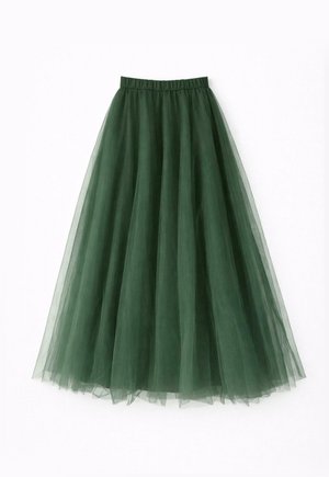 Jupe longue en tulle vert avec taille élastique, tissu transparent en couches créant un effet fluide et volumineux.
