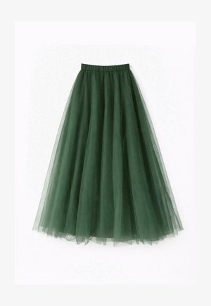 Zelena dolga krilo iz tila z elastičnim pasom, slojevita prosojna tkanina ustvarja tekoč in voljumen učinek.