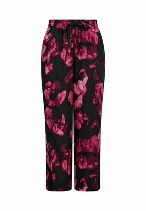 Pantalones negros de corte relajado, con un patrón abstracto en color rosa. Tejido ligero, cintura elástica y cordón ajustable.
