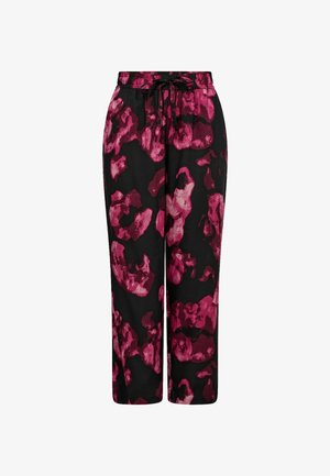 Zwarte broeken met een relaxte pasvorm, voorzien van een roze abstract patroon. Lichtgewicht stof, elastische tailleband en verstelbaar trekkoord.