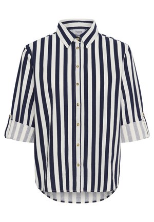 Modrobielo pruhované tričko s golierom, zlatými gombíkmi, trojštvrťovými rukávmi a zahnutým okrajom. Vyrobené z ľahkej látky.