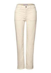 Pantalones rectos de color beige claro, hechos de algodón, con dos bolsillos frontales, cierre de botón y un diseño sencillo sin patrones visibles.