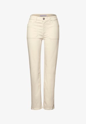 Ljus beige raka byxor i bomull, med två framfickor, knäppning med knapp och en enkel design utan synliga mönster.