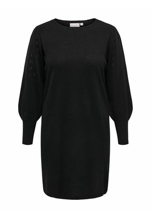 Černé pletené šaty s kruhovým výstřihem, dlouhými nabíranými rukávy a krajkovými detaily na rukávech. Hladká textura a volný střih.