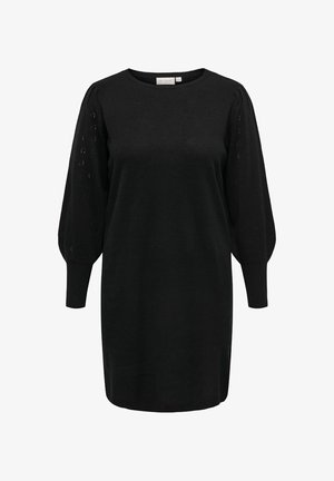 Zwarte gebreide jurk met een ronde halslijn, lange pofmouwen en opengewerkte details op de mouwen. Gladde textuur en een ontspannen pasvorm.