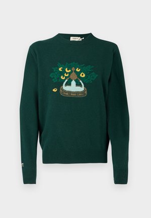 Mørkegrønstrikket sweater med et broderet motiv af en fontæne omgivet af blade og gule accenter. Ribstrikkede ærmekanter og kant forneden.