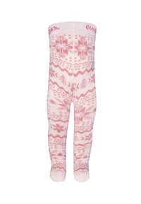 Pink patterned baby leggings made of soft fabric, featuring a winter design with snowflakes and trees, with a snug fit and closed toes.