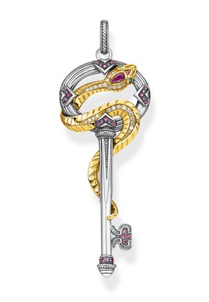 Silberner und goldener Schlüsselanhänger mit einer gewickelten goldenen Schlange, die mit weißen, rosa und grünen Edelsteinen am Kopf und Körper verziert ist.