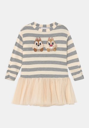 Gestreiftes Langarmkleid in Grau und Creme. Verziert mit gestickten Figuren von Chip und Chap und einem hellbeigen Tüllrock.