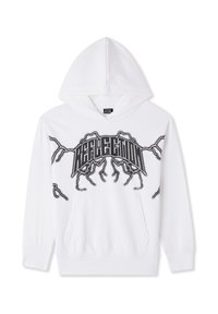 Felpa bianca con cappuccio, con grafica nera e la scritta "REFLECTION" accompagnata da disegni di fulmini. Presenta una tasca frontale e una texture di tessuto solido.