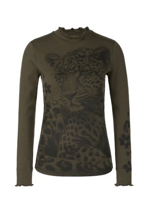 Langärmeliges Oberteil in Olivgrün mit Leoparden-Grafikdesign. Der Kragen ist mit einem Rüschensaum versehen; die Ärmel enden mit einem wellenförmigen Saum. Weiche Textur.