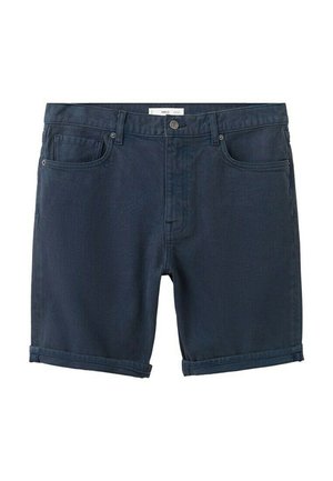 Dunkelblaue Herren-Jeansshorts mit Fronttaschen, Gürtelschlaufen, Knopfverschluss und aufgekrempelten Säumen.