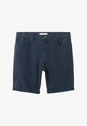 Dunkelblaue Herren-Jeansshorts mit Fronttaschen, Gürtelschlaufen, Knopfverschluss und aufgekrempelten Säumen.