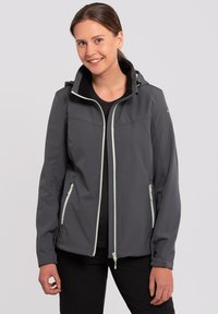 Giubbotto softshell grigio con dettagli in zip verde chiaro, due tasche con zip e cappuccio. Tessuto liscio e vestibilità sagomata per il massimo comfort.