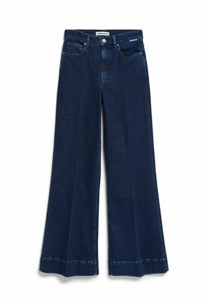 Jeans in denim scuro a gamba larga con vita alta, dotati di chiusura con bottoni, design a cinque tasche e dettagli con orlo sfrangiato.