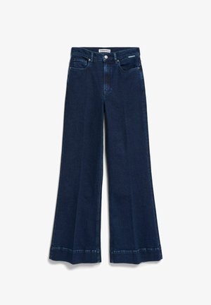 Donkere denim jeans met wijd uitlopende pijpen en een hoge taille, voorzien van een knoopsluiting, ontwerp met vijf zakken en rafelige zoomdetails.