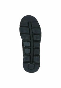Fekete sportcipőtalp, textúrált mintával, hatszögletű és téglalap alakú tapadási zónákkal a tapadás és stabilitás érdekében.