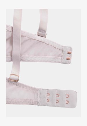 Tirantes de sujetador de color rosa claro hechos de tela suave, con tirantes ajustables y un cierre de gancho y ojo con herrajes en color oro rosa.