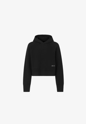 Felpa nera corta con cappuccio regolabile, polsini e orlo a coste, caratterizzata da un design testurizzato e un'etichetta piccola sul davanti.
