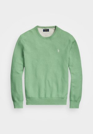 Grüner Pullover mit Rundhalsausschnitt, langen Ärmeln und gerippten Bündchen, mit kleinem weißen Polo Ralph Lauren-Logo auf der linken Brust.