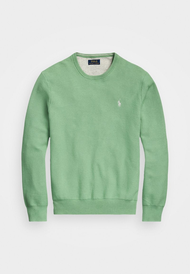 Pull vert col rond avec manches longues et poignets côtelés, avec un petit logo blanc Polo Ralph Lauren sur la poitrine gauche.